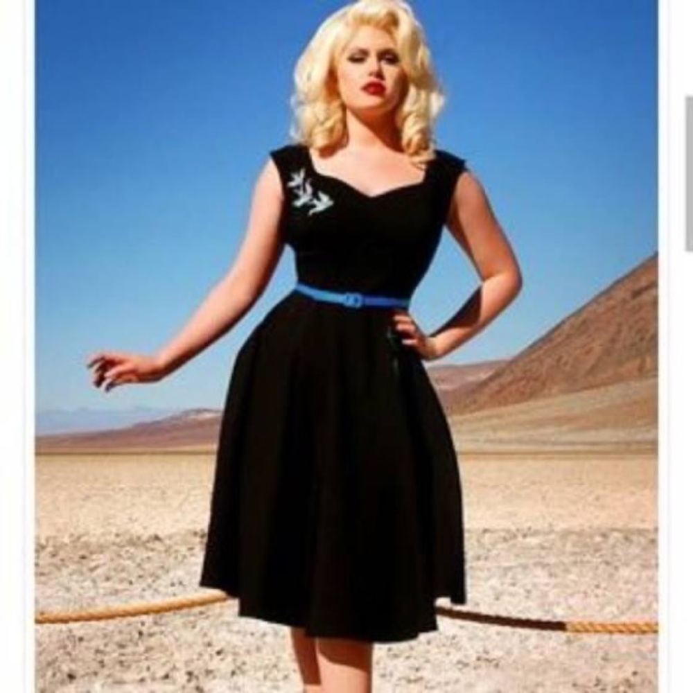 Pin Up Couture Fit and Flare Dress, embroidered blue bird detail